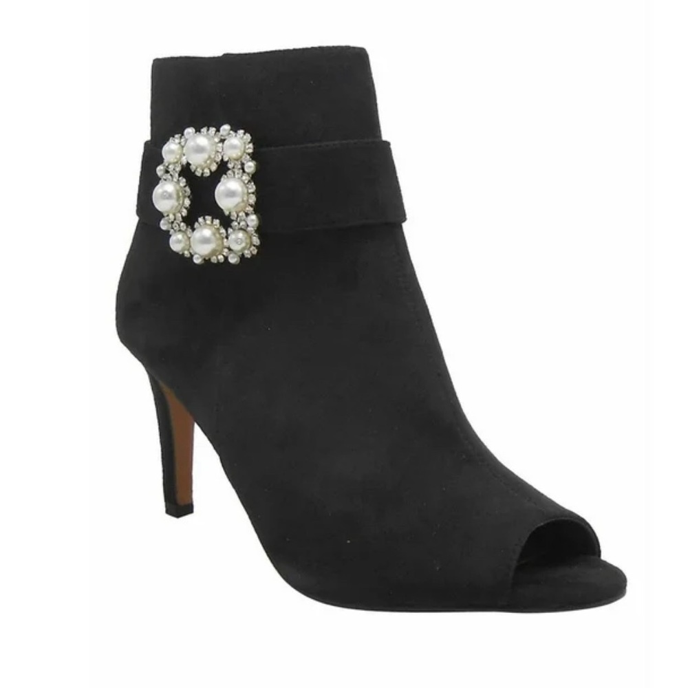 J.Renee Black Satin Ankle Booties with Pearl Detail, Like New, Sz 9